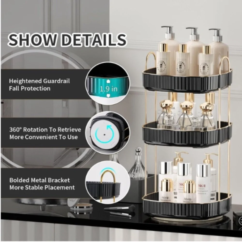 3 Tiers - 360° Turntable Makeup Organizer - Lazy Susan Cosmetics Storage